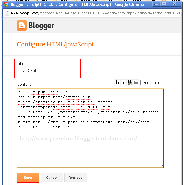 Add HelpOnClick Code HTML Box