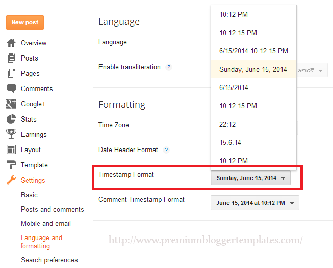 Configure Blogger Timestamp Format